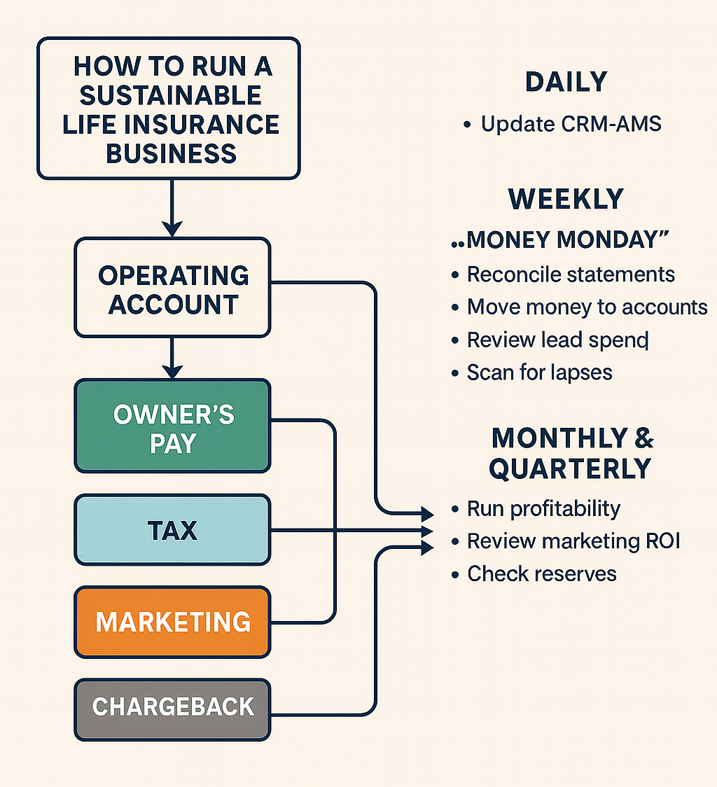 "Infographic of a money flow system for life insurance agents. Commissions flow into separate accounts: Operating, Owner’s Pay, Marketing, Chargeback Reserve, and optional Tax account if not using payroll. The chart also shows business rhythms: Daily CRM-AMS updates, Weekly ‘Money Monday’ allocations, and Monthly/Quarterly reviews of profitability, marketing ROI, and reserves. Designed to help agents run a sustainable, stress-free business."